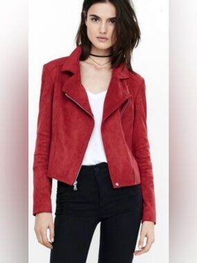 Express Red Burgundy Faux Suede Moto Jacket Asymmetrical Zip Cropped Size XS